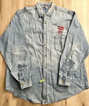 VNTG UNVL Running Reb Shirt Mens XL Blue Denim Embroidered Long Sleeve College